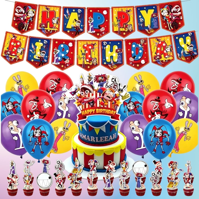 K&ouml;nnte beinhalten: Ein festliches Geburtstagsdekorationsset mit Kuchen, Luftballons, Cupcake-Toppern und einem Banner mit der Aufschrift "HAPPY BIRTHDAY". Der Kuchen ist blau und wei&szlig; mit dem Namen "AMARLEEAH". Luftballons sind rot, gelb, lila und blau.
