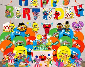 Sesamstraat verjaardagsfeestje decoraties set, Elmo koekjesmonster feestpakket, kinderverjaardagsbenodigdheden banner ballonnen taart topper tafelkleed