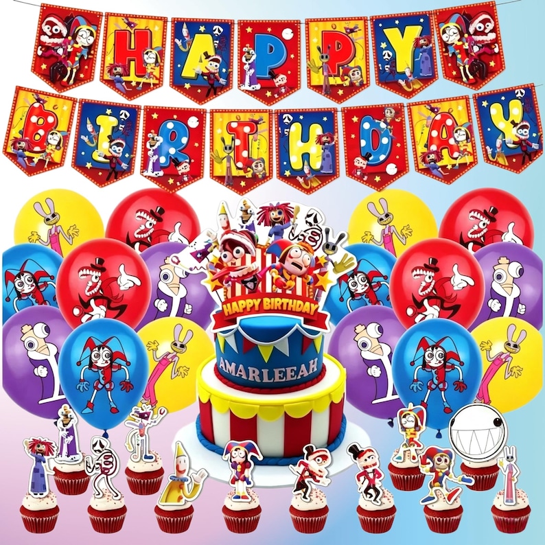 K&ouml;nnte beinhalten: Ein festliches Geburtstags-Set mit Kuchen, Cupcakes, Luftballons und einem Banner. Der Kuchen ist blau und gelb mit einer rot-wei&szlig; gestreiften Basis. Luftballons sind rot, blau, gelb und lila. Das Banner schreibt "HAPPY BIRTHDAY".