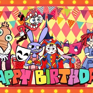 Op de afbeelding: Een kleurrijke verjaardagskaart met cartoonfiguren en de woorden "HAPPY BIRTHAY" in grote, speelse letters. De achtergrond heeft een ruitpatroon met wimpelbanners. De karakters zijn onder andere een nar, een konijn en een pop.