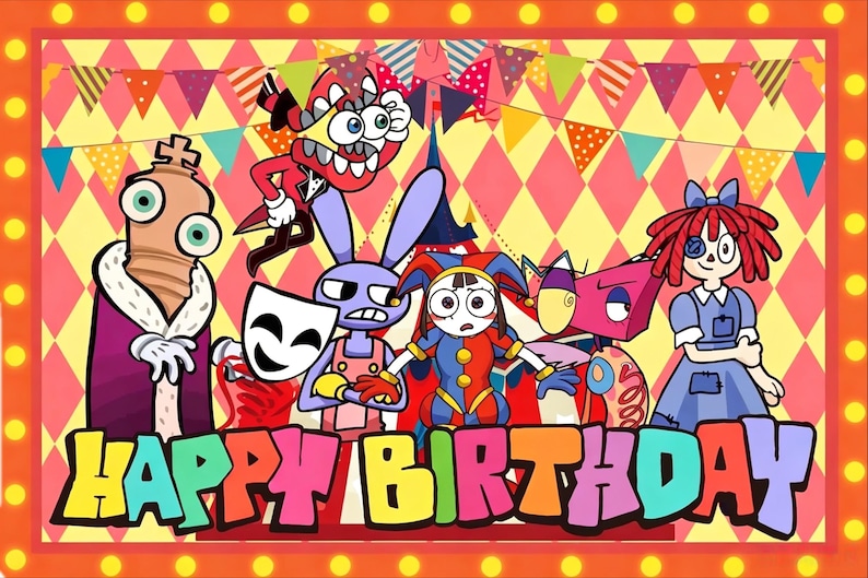 Op de afbeelding: Een kleurrijke verjaardagskaart met cartoonfiguren en de woorden "HAPPY BIRTHAY" in grote, speelse letters. De achtergrond heeft een ruitpatroon met wimpelbanners. De karakters zijn onder andere een nar, een konijn en een pop.