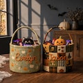 Vintage Halloween Basket with Name, Personalized Boo Basket, Retro Pumpkin Patchwork Candy Bucket, Custom Trick or Treat Bag for Kids