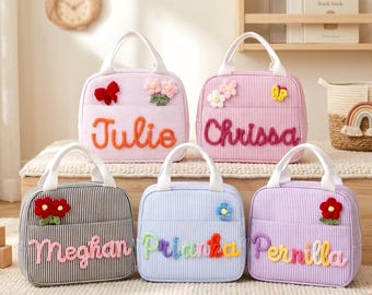 Toddler Lunch Bag with Name, Custom Insulated Lunch Box, Personalized Seersucker Kids Bag for Daycare & Preschool