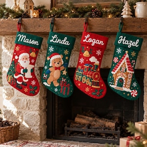May include: Four Christmas stockings hanging in a row, each featuring a green cuff with a white embroidered name: Mason, Linda, Logan, and Hazel. The stockings display festive holiday motifs including Santa Claus, a teddy bear, a train, and a gingerbread house, all decorated with snowflakes and gold bells.