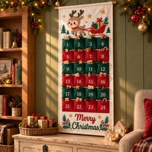 Könnte beinhalten: Ein hängender Adventskalender aus Stoff mit einem Rentier, das einen roten Schlitten voller Geschenke zieht. Er hat vierundzwanzig nummerierte Taschen in abwechselnd roten und grünen Reihen, mit dem Schriftzug Merry Christmas am unteren Rand.