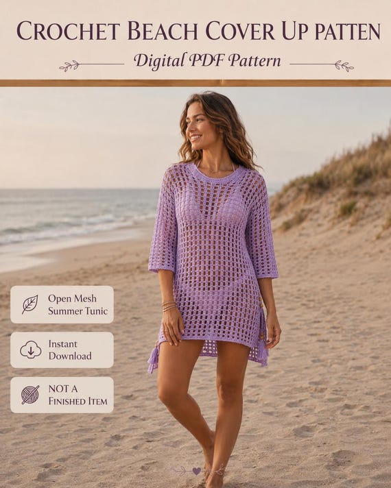 mesh beach dress cover up Summer Crochet PDF| Crochet Pattern, Open Mesh Summer Tunic PDF Crochet beach Width:Medium - M 3/5/26 mc Jovani 08235 Long Formal A sleeveless