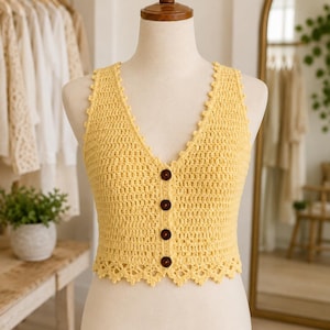 Crochet Crop Top Pattern PDF, Button Front V-Neck Halter Vest (S–XL)