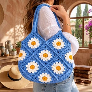 Daisy Granny Square Crochet Bag Pattern | Floral Motif Tote (PDF Download)