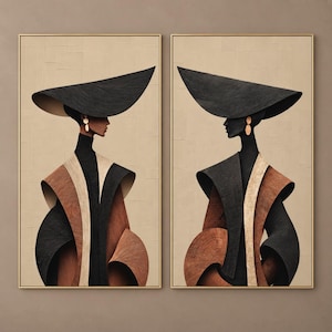 May include: A diptych wall art set featuring two stylized figures in profile, each wearing a wide-brimmed black hat, a high-neck black garment, and layered brown and cream textured wraps. Both figures display a single gold drop earring.