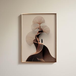 May include: Abstract art print featuring a brown and beige swirling design with a small figure. The artwork is framed in a gold-colored frame. The image is a vertical composition, suitable for wall decor.