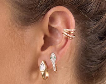 18K Gold Minimalist Crystal Earring Set Snake Teardrop Ear Cuff Huggie Hoops Sparkle Stack Everyday Summer Holiday Birthday Gift for Her