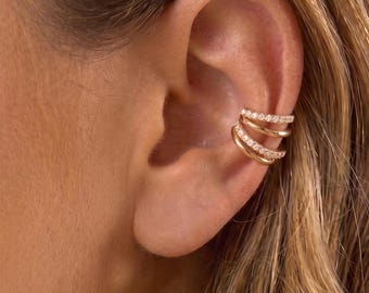 18K Gold Minimalist Multiple Pave CZ Ear Cuff Waterproof Dainty Huggie Cartilage Earring Birthday Friend Annniversay Labor Day Gift for Her