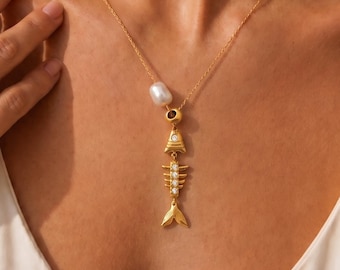 Diamond Fishbone Pearl Sea Necklace 18K Gold Waterproof Ocean Charm Pendant Chain Beach Summer Coastal Birthday Vacation Daily Gift for Her