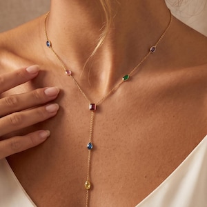 Collar minimalista en forma de Y con diamantes coloridos, estilo lariat, largo y delicado, con cadena delicada. Regalo ideal para damas de honor, aniversarios y cumpleaños.
