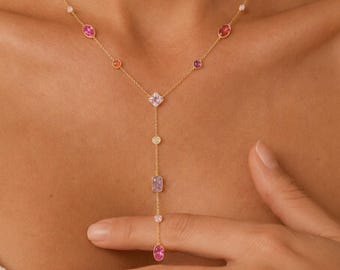 18K Gold Bunte Zirkon Y Lariat Halskette Minimalist Dainty Layering Baumeln Kette Schmuck Geburtstag Braut Täglicher Jahrestag Geschenk für Sie