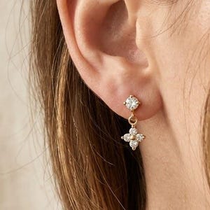 14K Gold Flower Drop Stud Dainty Diamond Waterproof Earrings Minimalist Four Leaf Clover Earrings Everyday Birthday Holiday Gift for her
