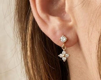 14K Gold Blume Drop Stud Zierliche Diamant Wasserdichte Ohrringe Minimalist Vier Blatt Klee Ohrringe Jeden Tag Geburtstag Urlaub Geschenk für Sie