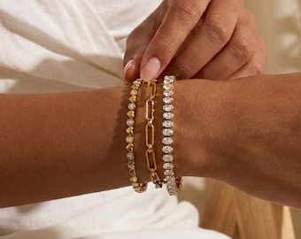18K Gold Bracelet Stack Set Paperclip Chain Tennis Bracelet Heart Bangle Minimalist Layered Gift for Women Everyday Birthday Anniversary