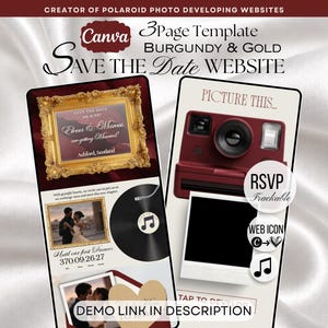 May include: A 3-page Canva website template for a Save the Date announcement in burgundy and gold. The design features a vintage camera, a gold ornate frame, a vinyl record graphic, and an RSVP section with trackable web icons and music symbols.
