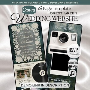 May include: A six-page Canva wedding website template in forest green featuring a floral border, a white instant camera graphic, a vinyl record illustration, and text including Elena and Marcus, July 19, 2027, Ashford Castle, Scotland, and RSVP.