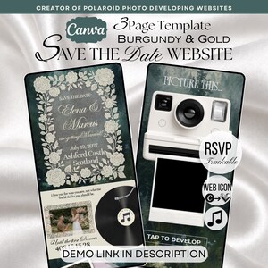 May include: A 3-page digital Save the Date website template in burgundy and gold. The design features a floral border, a vintage camera graphic, a vinyl record, and text including Elena & Marcus, July 19, 2027, Ashford Castle, Scotland, and RSVP.