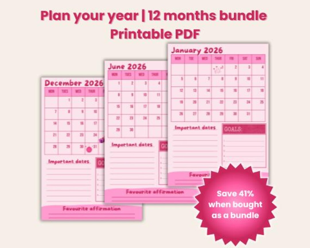 12 Months Calendar Template 2026 | Printable Monthly Planner | Goals ...
