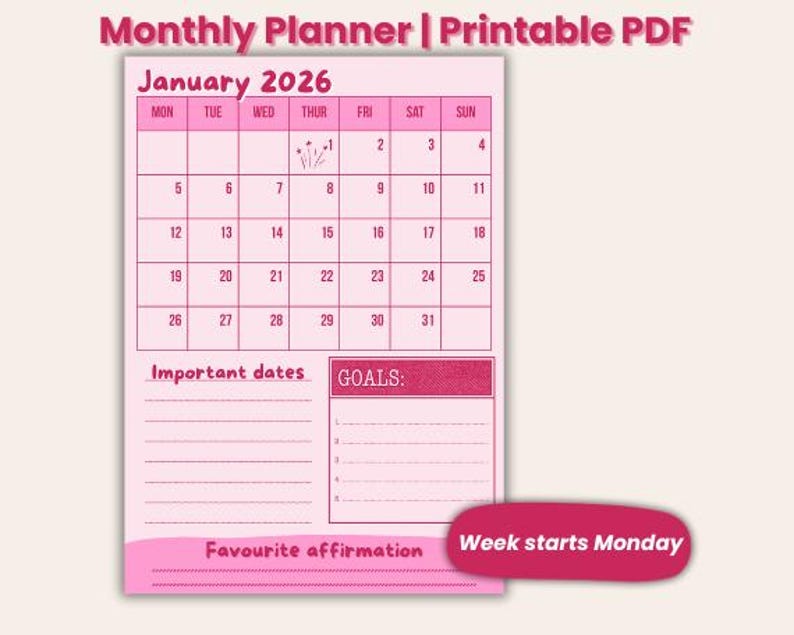12 Months Calendar Template 2026 | Printable Monthly Planner | Goals ...