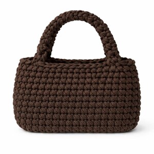 May include: A brown crochet handbag with a rectangular body and a rounded handle. The bag is made of a thick, textured yarn, and the handle is securely attached to the top of the bag. The bag is a solid color and appears to be handmade.
