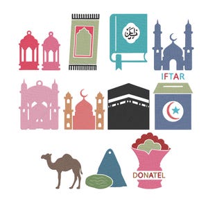 May include: A collection of flat, die-cut shapes featuring Islamic motifs including pink lanterns, a green prayer rug, a teal book, a blue mosque with the text IFTAR, a pink mosque, a black Kaaba, a blue box with a crescent, a camel, and a pink vase with DONATEL.