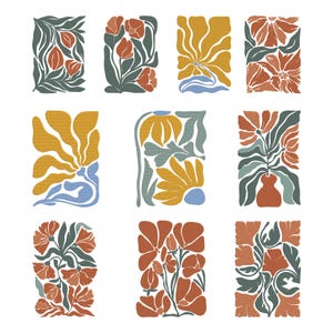 Può includere: Nove stampe artistiche floreali rettangolari. Ogni stampa presenta una disposizione unica di fiori e fogliame stilizzati in tonalità arancioni, gialle, blu e verdi su sfondo bianco. I disegni variano per forma e composizione.