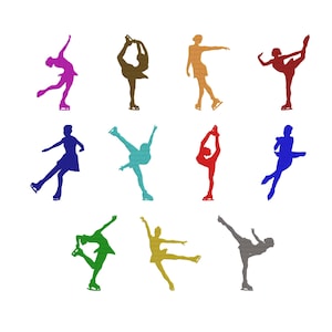 May include: A collection of colorful figure skating silhouettes in various poses. The figures are in shades of purple, brown, orange, red, blue, teal, green, yellow, and gray. Each skater is depicted mid-performance, showcasing graceful movements.