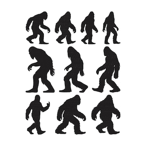 Può includere: Una collezione di nove sagome nere di Bigfoot in varie pose di camminata su sfondo bianco. Le figure variano nella postura, alcune sembrano avanzare e altre con le braccia tese.