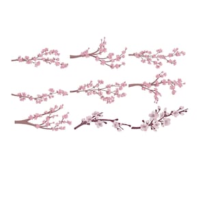 May include: Nine illustrations of cherry blossom branches in various arrangements. The branches are brown with pink flowers and buds. The blossoms are in different stages of bloom, some fully open and others still budding.