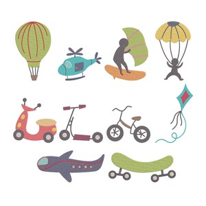 May include: A collection of ten colourful die-cut shapes featuring a green hot air balloon, a teal helicopter, a windsurfer, a yellow parachute, a red scooter, a kick scooter, a bicycle, a teal kite, a dark blue aeroplane, and a green skateboard.
