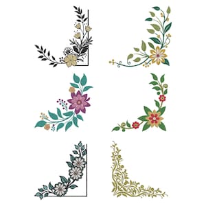 Puede incluir: Una colección de seis diseños florales de esquina en varios colores. Los diseños incluyen flores, hojas y vides, con colores como negro, dorado, verde, morado y rojo. Cada diseño es un elemento de esquina único.