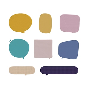 May include: A collection of colorful speech bubbles in various shapes and sizes. The bubbles are in shades of yellow, teal, pink, blue, and beige, with a textured appearance. The shapes include ovals, rectangles, and irregular forms, all with a small tail indicating speech.