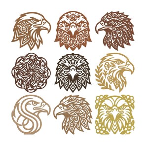 May include: Nine decorative wooden eagle head cutouts in various shades of brown and gold. Each cutout features intricate designs, including floral patterns, geometric shapes, and stylized feathers. The eagles are displayed against a white background.