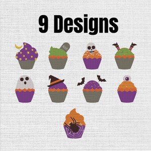 May include: A digital graphic featuring 9 Designs text above nine Halloween-themed cupcakes. The cupcakes feature purple, orange, and green frosting with decorations including a crescent moon, tombstone, skull, witch hat, bats, eyeball, and spider.