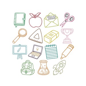 May include: A collection of school and office supply icons rendered in colorful line art. The set includes a notebook, apple, envelope, scissors, magnifying glass, triangle ruler, eraser, trophy, whiteboard, laptop, notepad, marker, backpack, flask, and rocket.