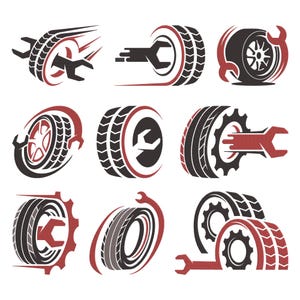 May include: A collection of nine automotive repair logos featuring tires, wrenches, and gears in black and red. The designs vary, with some showing motion lines and others incorporating circular and radial arrangements.