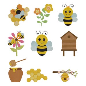 May include: A collection of embroidered bee-themed designs. Includes a honeycomb with a bee, flowers, a bee with wings, a flower with bees, a bee, a beehive, a honey pot with a wooden dipper, a honeycomb, and a bee skep on a branch.