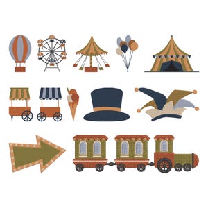 May include: A collection of whimsical circus-themed illustrations. The image includes a hot air balloon, Ferris wheel, carousel, balloons, a circus tent, food carts, ice cream, a top hat, a jester's hat, an arrow sign, and a train.