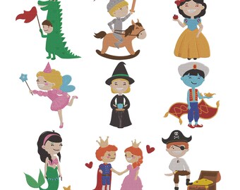 Fairytale Clipart Embroidery Design, Princess Knight Fairy Pirate Machine Embroidery File, Instant Download