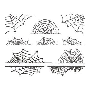 May include: A collection of black spiderweb designs in various shapes and sizes. The webs are drawn with clean lines, perfect for Halloween or spooky-themed crafts and decorations.