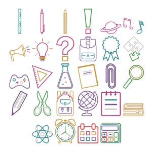 Puede incluir: Una colección de iconos de arte lineal de colores que representan artículos escolares y de oficina, incluyendo una regla, lápices, signo de exclamación, planeta, notas musicales, megáfono, bombilla, signo de interrogación, mochila, cinta de premio, rompecabezas, mando, escuadra, matraz, cuaderno, clip, lupa, tijeras, globo terráqueo, bloc de notas, libros, átomo, despertador, calendario y calculadora.