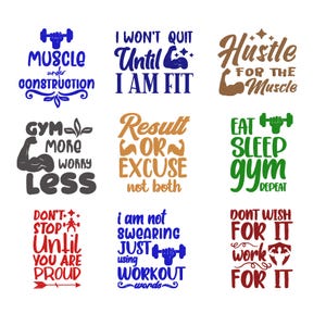 May include: Nine motivational fitness quotes in various colours and fonts. Phrases include "Muscle Under Construction," "I Won't Quit Until I Am Fit," and "Hustle for the Muscle." The image is designed for gym enthusiasts.