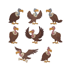 Könnte beinhalten: Eine Sammlung von Cartoon-Geiern in verschiedenen Posen. Die Vögel haben braune Federn, gelbe Schnäbel und rosa und weiße Halskrausen. Ein Geier hält einen Knochen. Die Geier sind in einem Kreis auf weißem Hintergrund angeordnet.