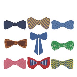 May include: A collection of nine bow ties in various colors and patterns. Designs include solid colors, polka dots, stripes, and geometric shapes. The bow ties are in shades of blue, brown, pink, red, green, and yellow.