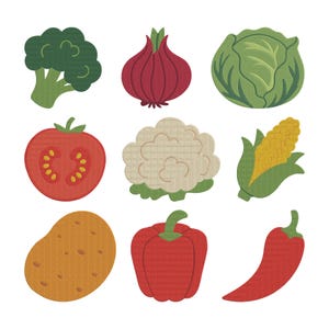 May include: A collection of nine embroidered vegetables on a white background. The vegetables include broccoli, an onion, cabbage, a tomato, cauliflower, corn, a potato, a bell pepper, and a chili pepper.