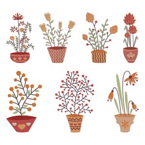 Könnte beinhalten: Acht Illustrationen von Topfpflanzen mit verschiedenen Blumen- und Beerenmotiven. Die Pflanzen zeigen orange, rote und gelbe Blüten und Beeren mit grünen Blättern. Die Töpfe sind in Rot-, Braun- und Orangetönen gehalten und weisen Herz- und Zickzackmuster auf.